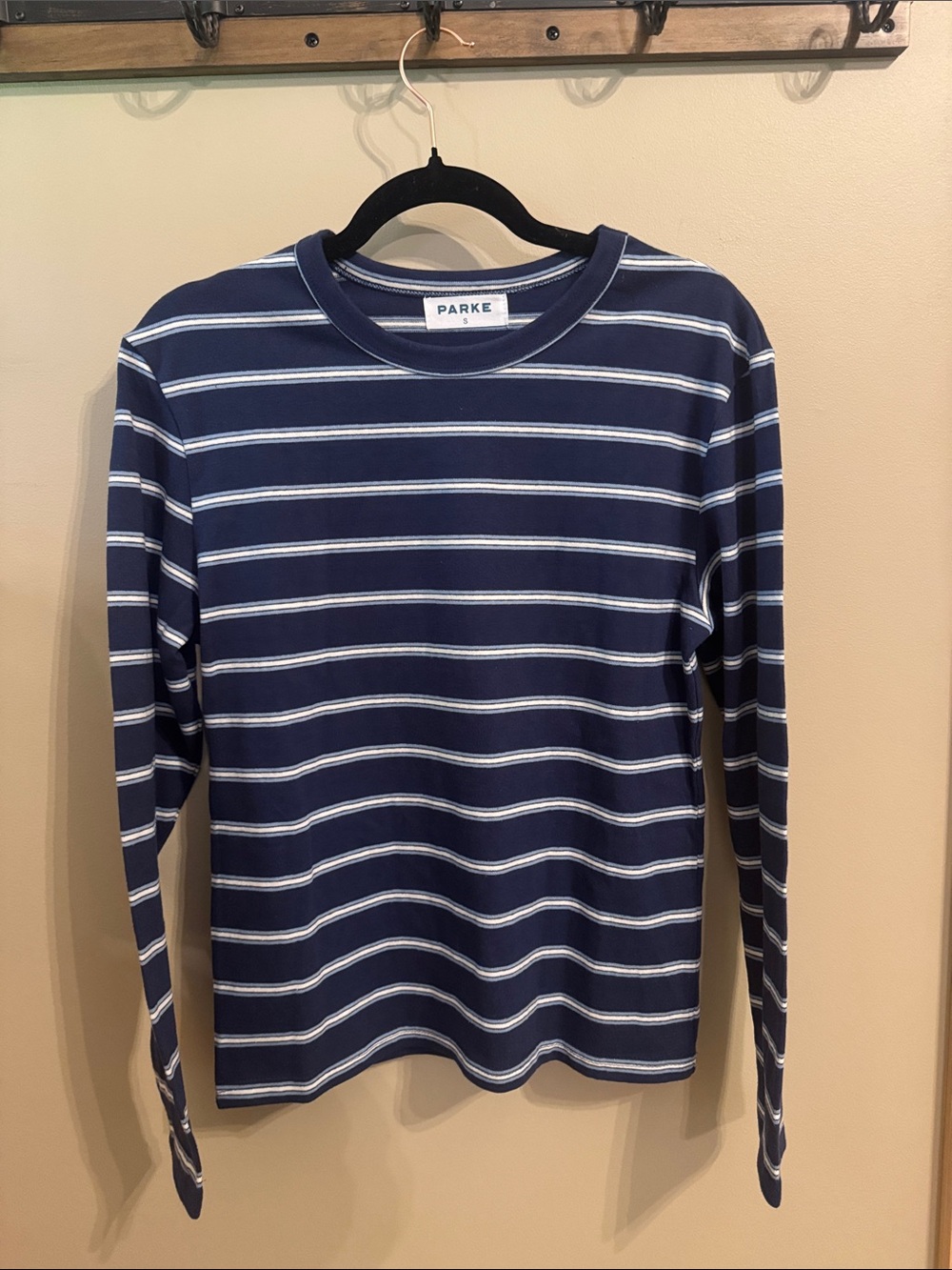 PARKE Maggie and Emma Navy and White Striped Long-Sleeve Crewneck, size Small.